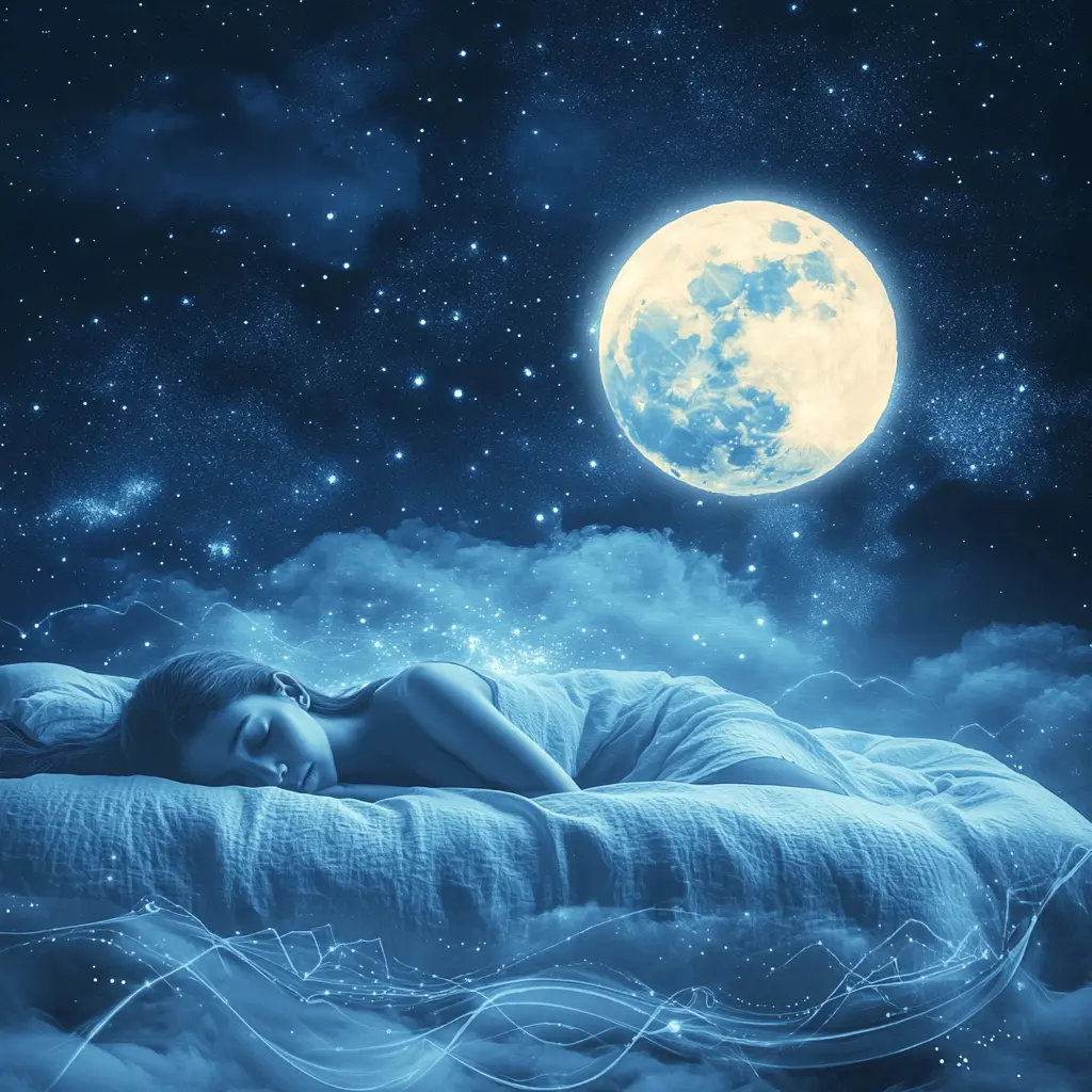 Night sky with stars and a glowing moon, symbolizing the circadian rhythm and natural sleep cycle, with a peaceful sleeper in the environment.