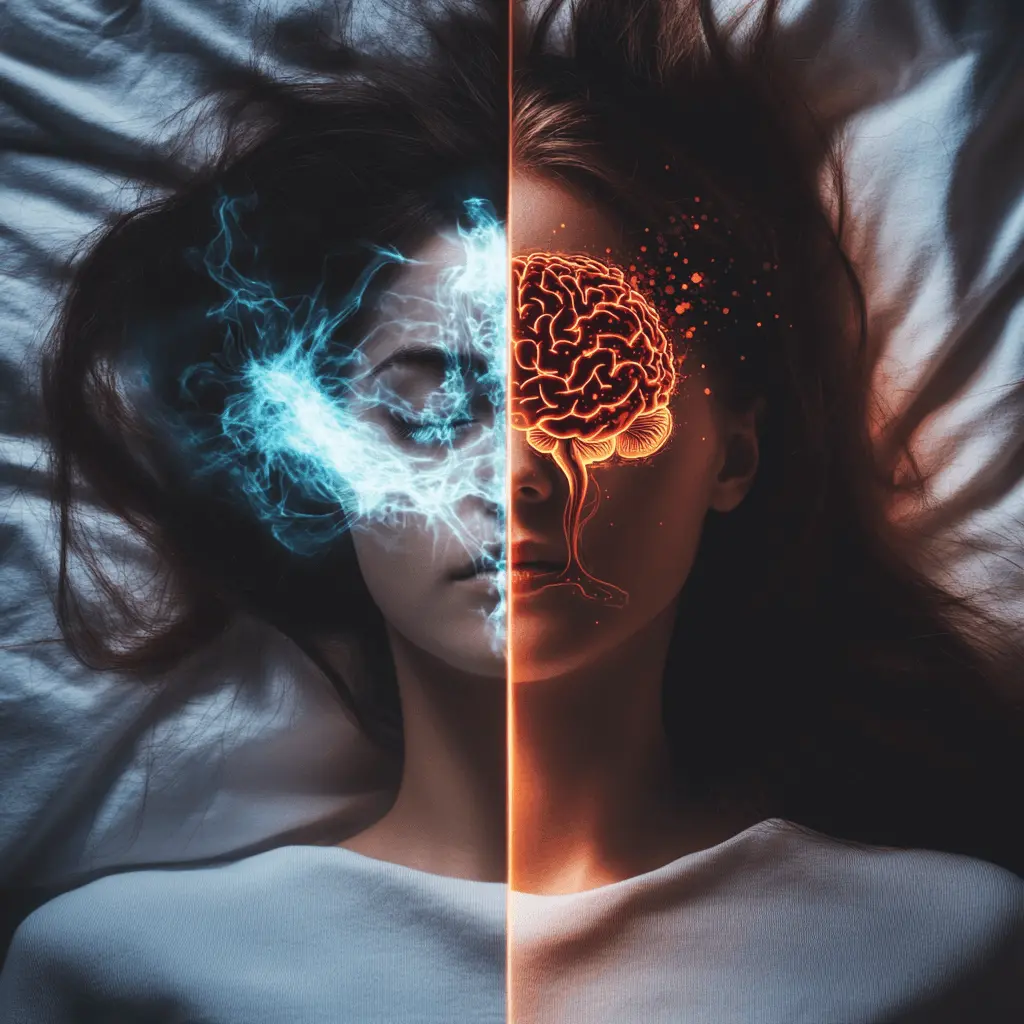 How Sleep Impacts Mind and Body Split image showing the contrast between a refreshed, alert person and a tired, sluggish individual, with brain activity differences highlighted.