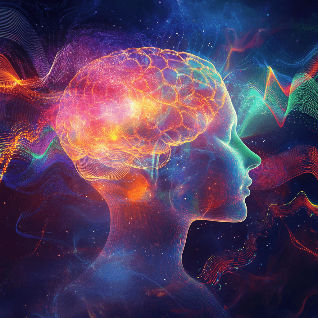 Abstract representation of brain waves with vibrant colors and stages of sleep, highlighting the brain’s electrical activity during different sleep cycles.