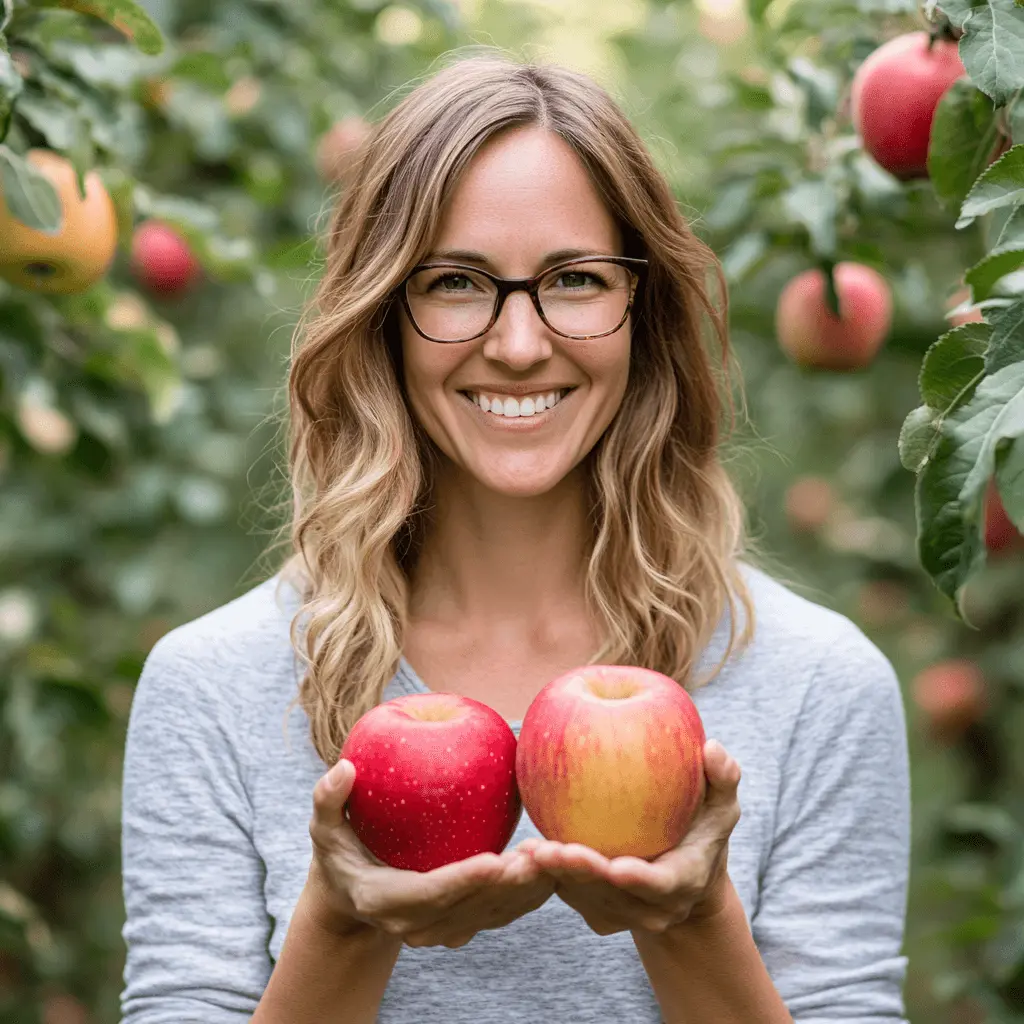 Woman holding two apples in an orchard, smiling at the camera.