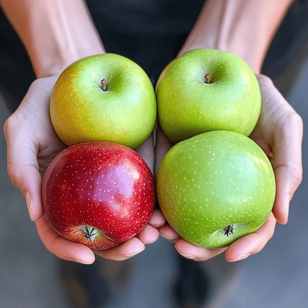 Hands holding four apples—three green and one red.