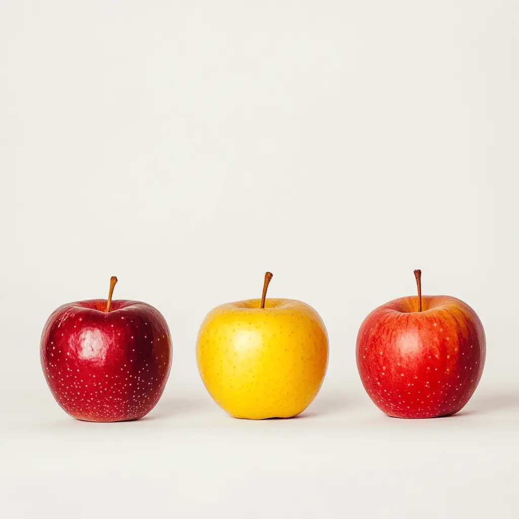 Three apples—red, yellow, and red-yellow—lined up on a white background.
