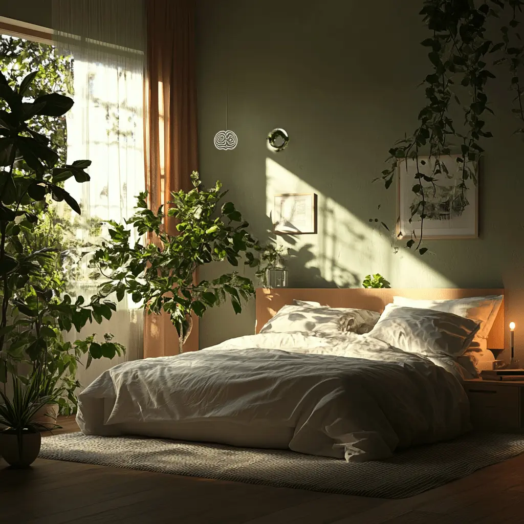 Cozy bedroom setting with calming elements, circadian rhythm chart, and sleep aids like a sleep mask and essential oils for sleep improvement.