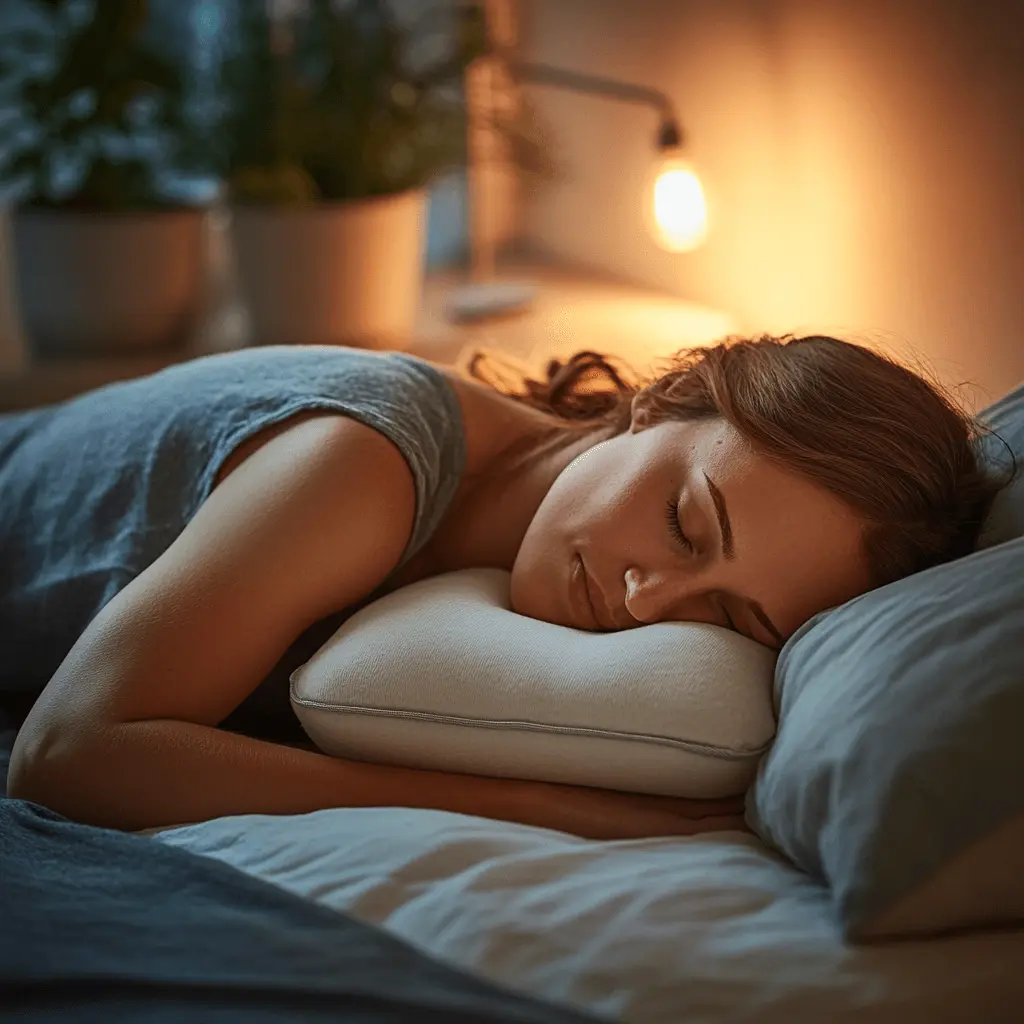 A woman sleeping on her side in a softly lit room, resting on a white pillow.