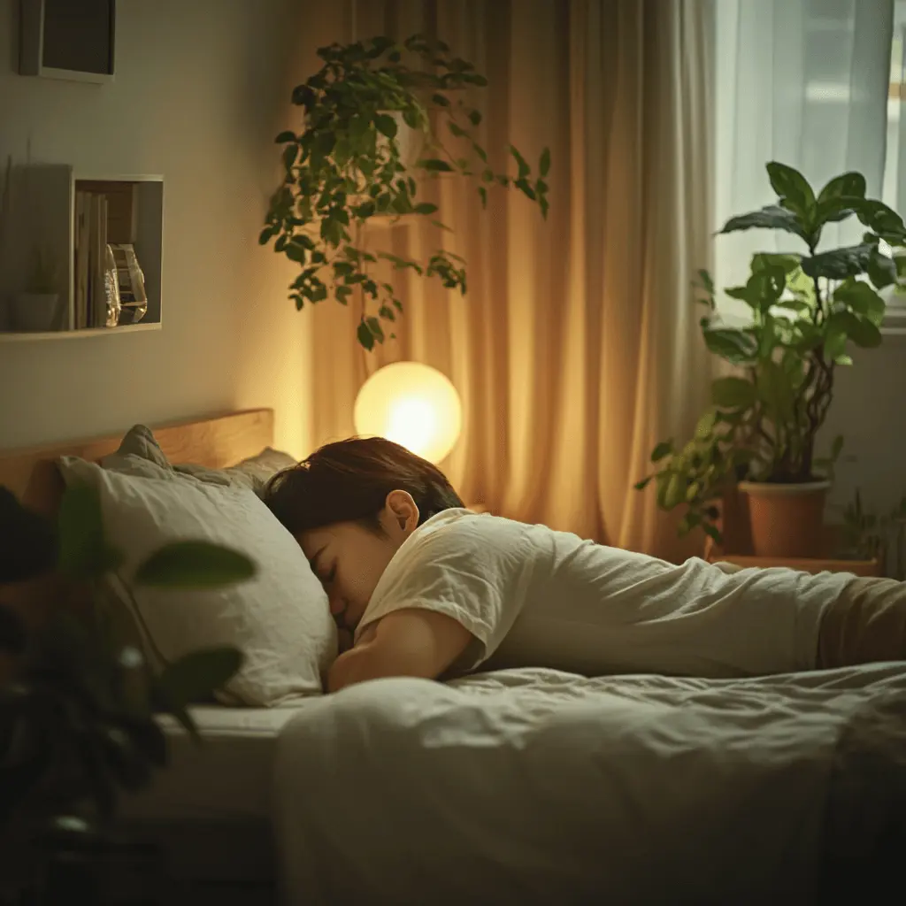 A person sleeping soundly on their side in a warmly lit bedroom filled with potted plants.