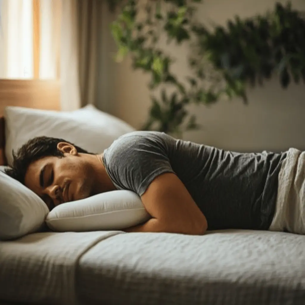 A man peacefully sleeping on his side in a softly lit bedroom with green plants in the background.