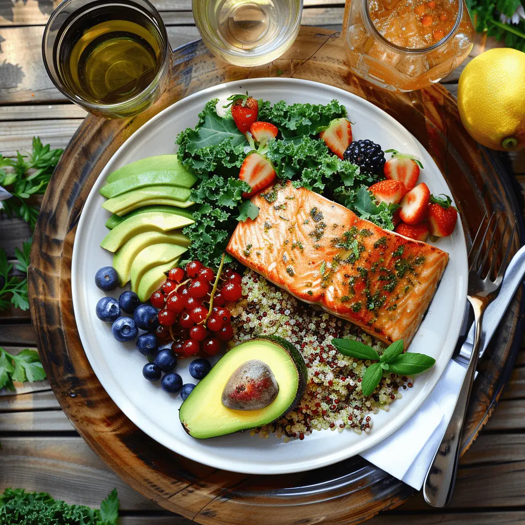 Fueling Vitality with High-Performance Nutrition A nutrient-dense plate with salmon, quinoa, kale, avocado, and berries—an example of elite health and clean eating.