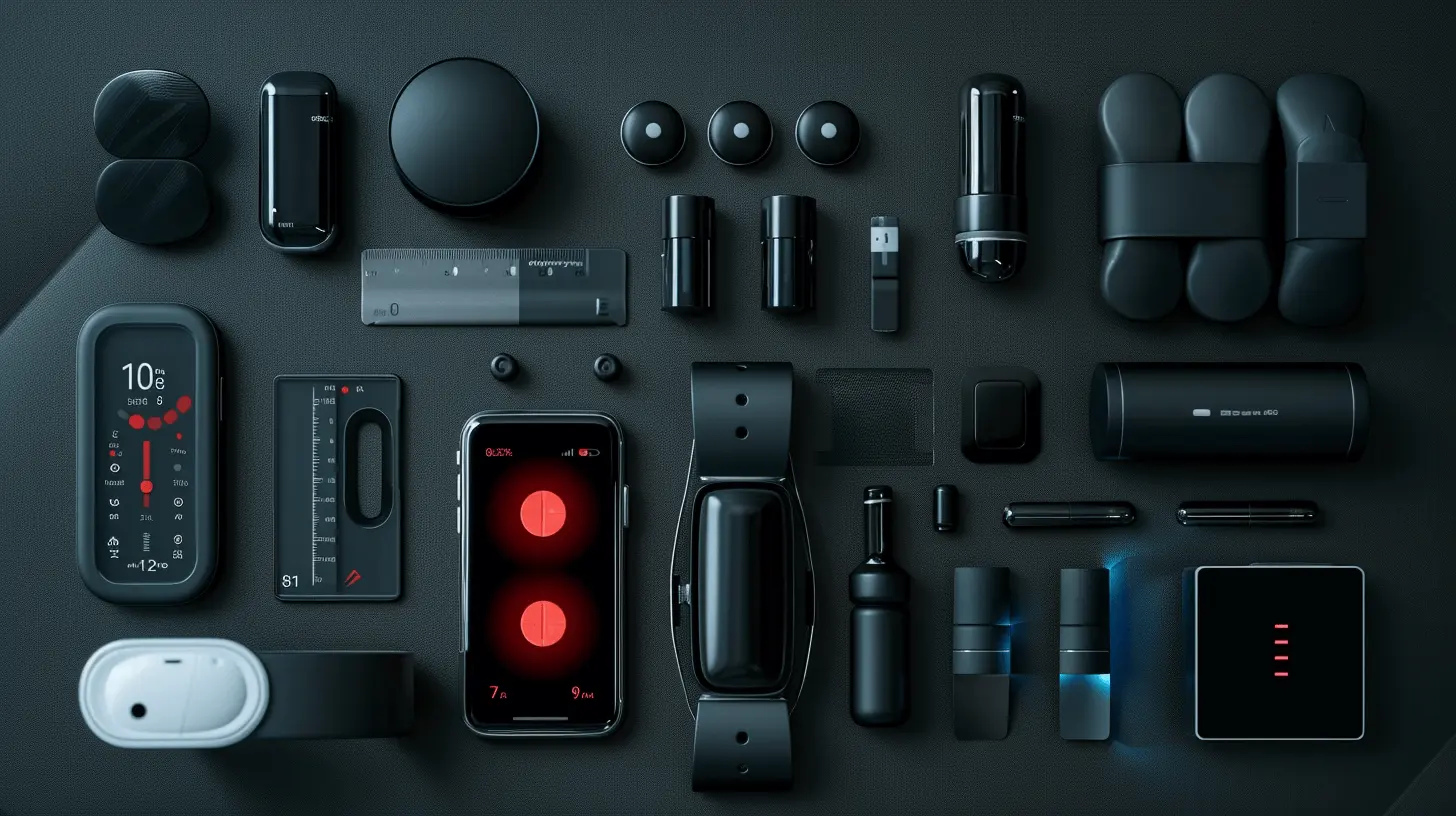 Cutting-Edge Biohacking Tools for Peak Health A collection of biohacking tools including a fitness tracker, red light device, supplements, and a sleep monitor on a sleek surface.