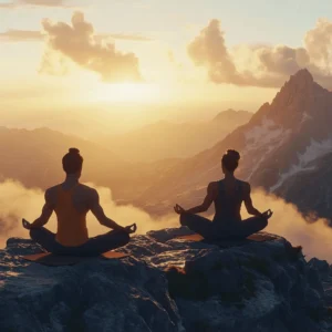 A fit man and woman practicing yoga at sunrise on a mountain, surrounded by nature, symbolizing elite health and wellness.